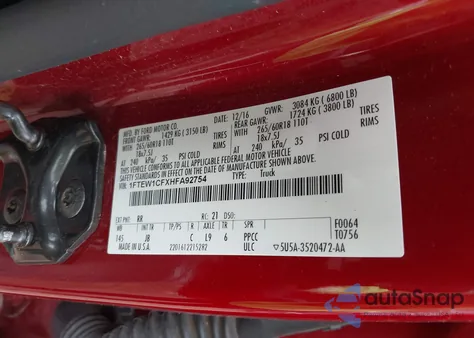 2017 Ford F150 Supercrew z USA, uszkodzony, nr VIN 1FTEW1CFXHFA92754